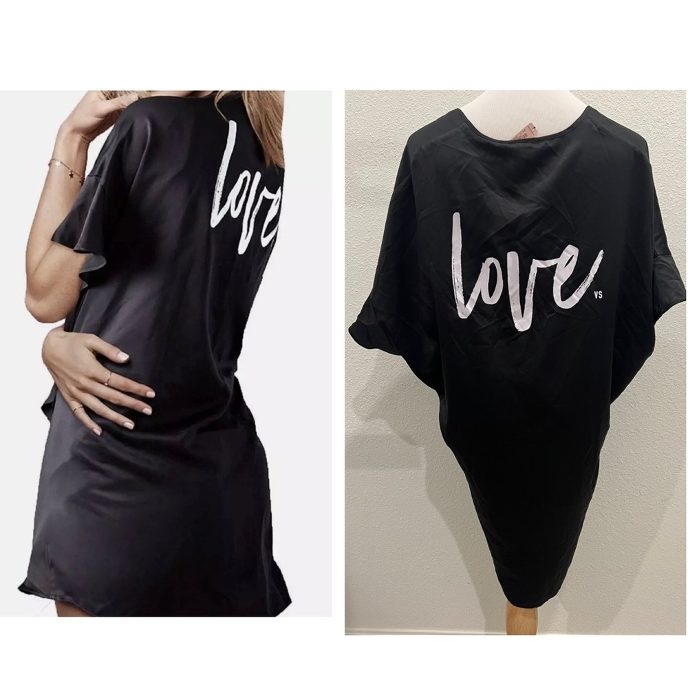 NEW Victoria’s Secret Kimono Satin Robe Love Logo Black One Size Ruffle Lingerie